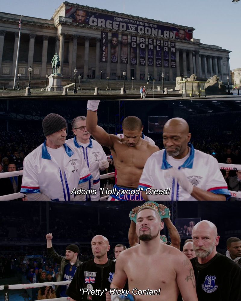 3 Screenshots from the movie "Creed" (2015): First, a wide shot of a grand building adorned with large banners promoting the HBO boxing match "Creed vs. Conlan" at Goodison Park on April 18th. Second, Adonis "Hollywood" Creed stands in the boxing ring with his team, raising his fist while looking down, surrounded by trainers including Rocky Balboa. Third, "Pretty" Ricky Conlan stands confidently shirtless in the ring, flanked by his entourage and holding a championship belt above his head.