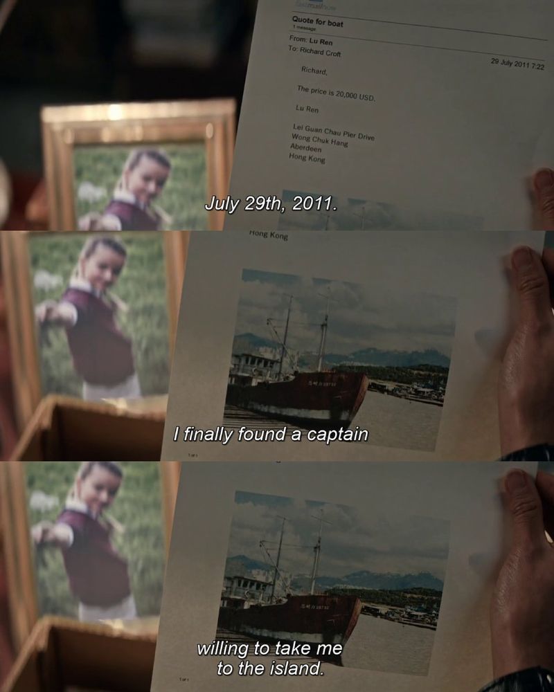 3 Screenshots from the movie "Tomb Raider" (2018): First, a hand holds a printed email with the subject "Quote for boat" and details about a boat rental from Lu Ren to Richard Croft, dated July 29th, 2011, with a framed photograph in the background and the subtitle "July 29th, 2011." Second, the same hand holds the paper, now showing a photograph of a docked boat, with the subtitle "I finally found a captain." Third, the paper with the boat photo is still in view, and the subtitle reads "willing to take me to the island." 