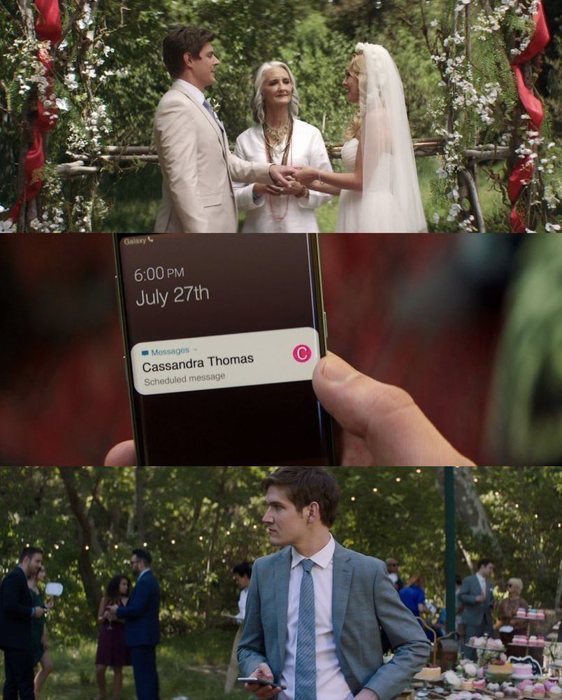 3 Screenshots from the movie "Promising Young Woman" (2020): First, a wedding ceremony outdoors with a couple holding hands in front of an officiant, surrounded by floral decorations and greenery. Second, a close-up of a smartphone screen showing a scheduled message notification from Cassandra Thomas set for 6:00 PM on July 27th. Third, a man in a light blue suit stands at an outdoor wedding reception, holding his phone, with guests and tables in the background.