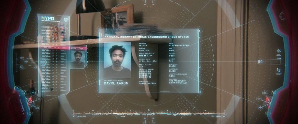 1 Screenshots from the movie "Spider-Man: Homecoming" (2017): First, a futuristic digital interface displays a detailed NYPD and National Instant Criminal Background Check System profile for Aaron Davis, including his photo, personal information, physical description, and criminal record, with a holographic overlay suggesting advanced technology.