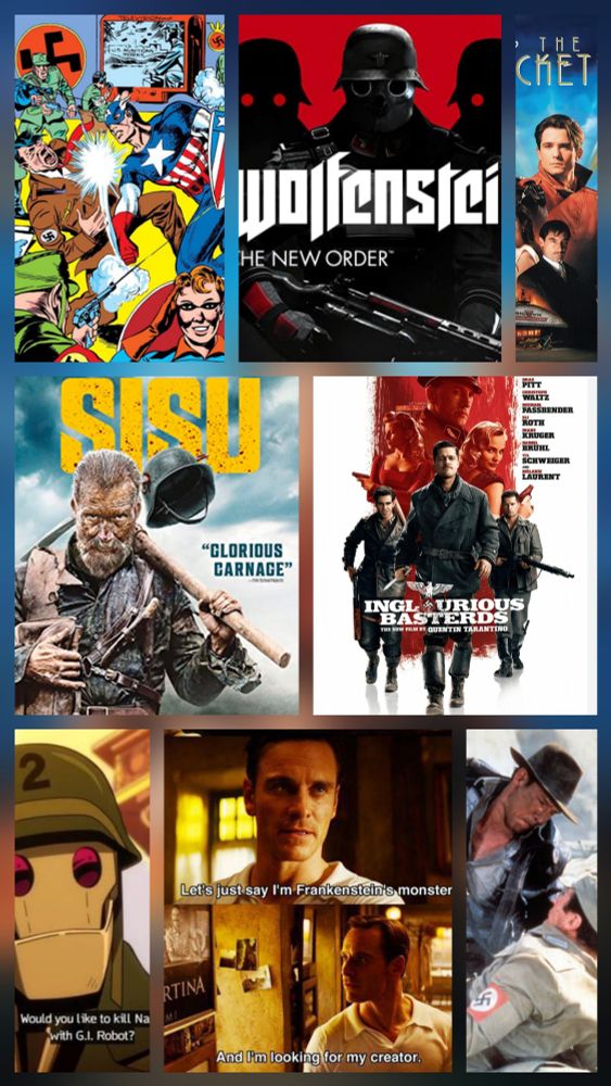 A collage with comic book art of Captain America punching Hitler, the Wolfenstein: The New Order box art, a poster for The Rocketeer, Sisu, Inglorious Basterds, and screen grabs of G.I. Robot from Creature Commandos, Indiana Jones punching a Nazi, and Magneto from X-Men first class threatening some Nazis in a bar.
