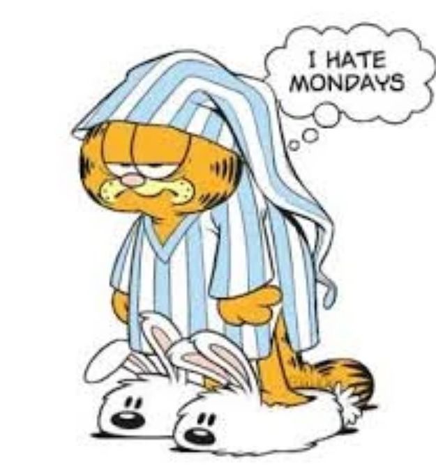 Garfield the cat wearing pajamas and looking tired. His inner monologue reads, “I hate Mondays.”