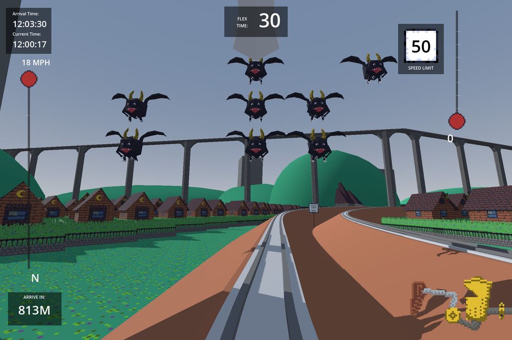 spherical impish creatures fly in a grid in front of the train, the barrel of a cannon can be seen jutting forward from above the player