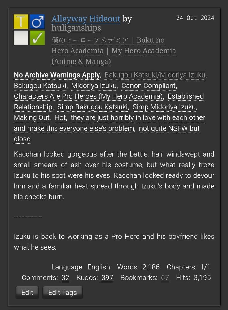 A Screenshot of the bakudeku fanfiction "Alleyway Hideout" by Huliganships 