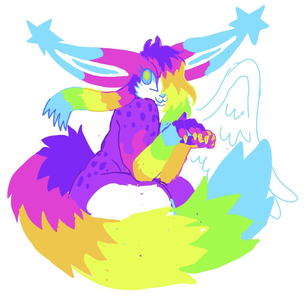 A messy drawing of a magenta and rainbow anthropomorphic sparkle animal. She has rainbow hair and a rainbow tail, and big ears that end with blue stars. One of her hands is talon-like, while the other resembles a lion paw. She is crouching, holding her hands up to her chest and smirking mischievously.
