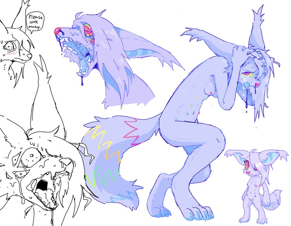 A sketch page featuring 5 drawings of Hal, a light gray shapeshifting sparkle-animal with multicolored markings and hair covering one eye.
Near the top left is an uncolored headshot of Hal looking somewhat embarrassed, making uneasy eye contact with the viewer and asking them to "Please look away".
To the right is a colored bust of Hal with their mouth opened as far as it will go, perhaps to scream or cry out in pain - they also appear to be inexplicably melting, and a shiny black liquid drips from their mouth and nostrils. They have more eyes than usual, two visible on one side of their face, and the upper eye's iris and pupil appear to be mitosing.
In the bottom left is another uncolored headshot similar to the last, depicting Hal crying out in pain/fear as they melt, appearing with more eyes than the last drawing.
Further to the right is a colored full-body of Hal crouched down, gripping their head with both hands. They have a pained expression on their face - their features scrunch up as they attempt to choke out a cry for help. The unnamed shiny black liquid from the other drawing is present here as well, dripping from their mouth and nose.
In the bottom right is a colored full-body chibi of Hal - they're simply standing there and smiling, and seem relatively unbothered, compared to the other drawings in the same image.