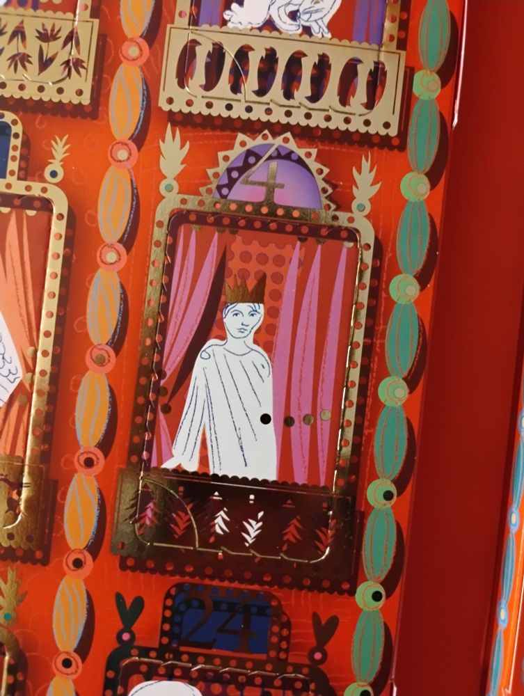 Case 4 du calendrier Damman frères. On y voit un prince à son balcon. Le tout illuminé de dorures.