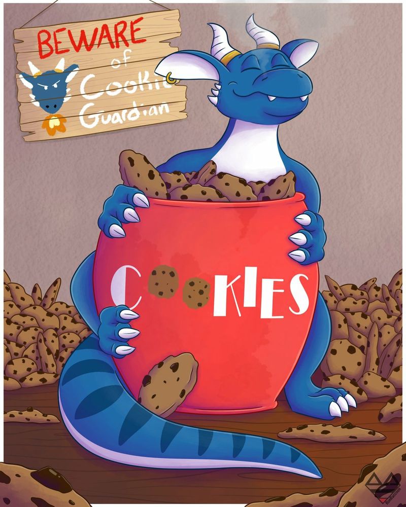 Blue kobold hugging a cookie jar while surrounded by many chocolate chip cookies. A sign reading "beware of cookie guardian" in the background. 