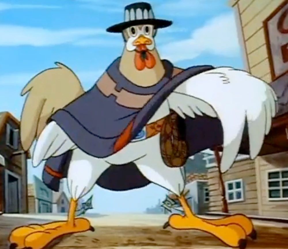 A screenshot of the Animaniacs character "Chicken Boo".   He is in a Spaghetti Western parody outfit.