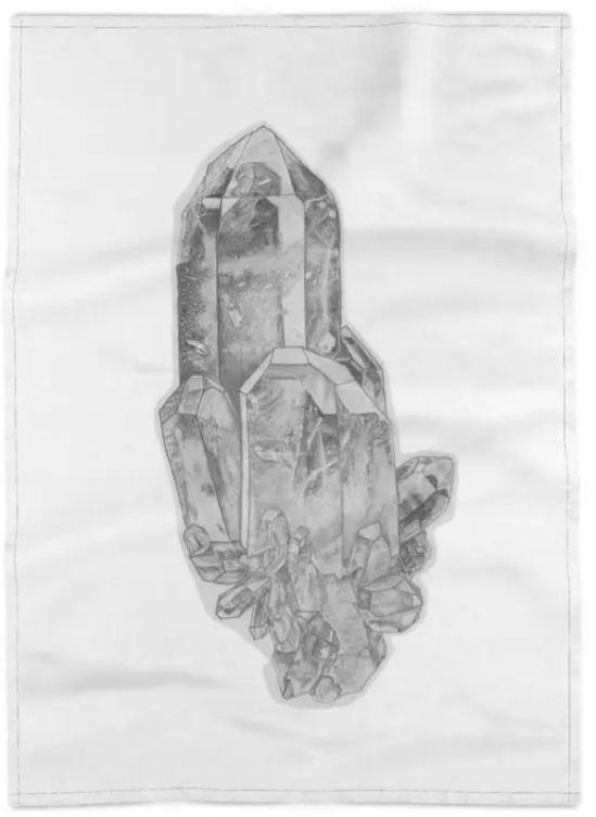 An image of a tea towel with an intricate pencil drawing of a cluster of quartz crystals