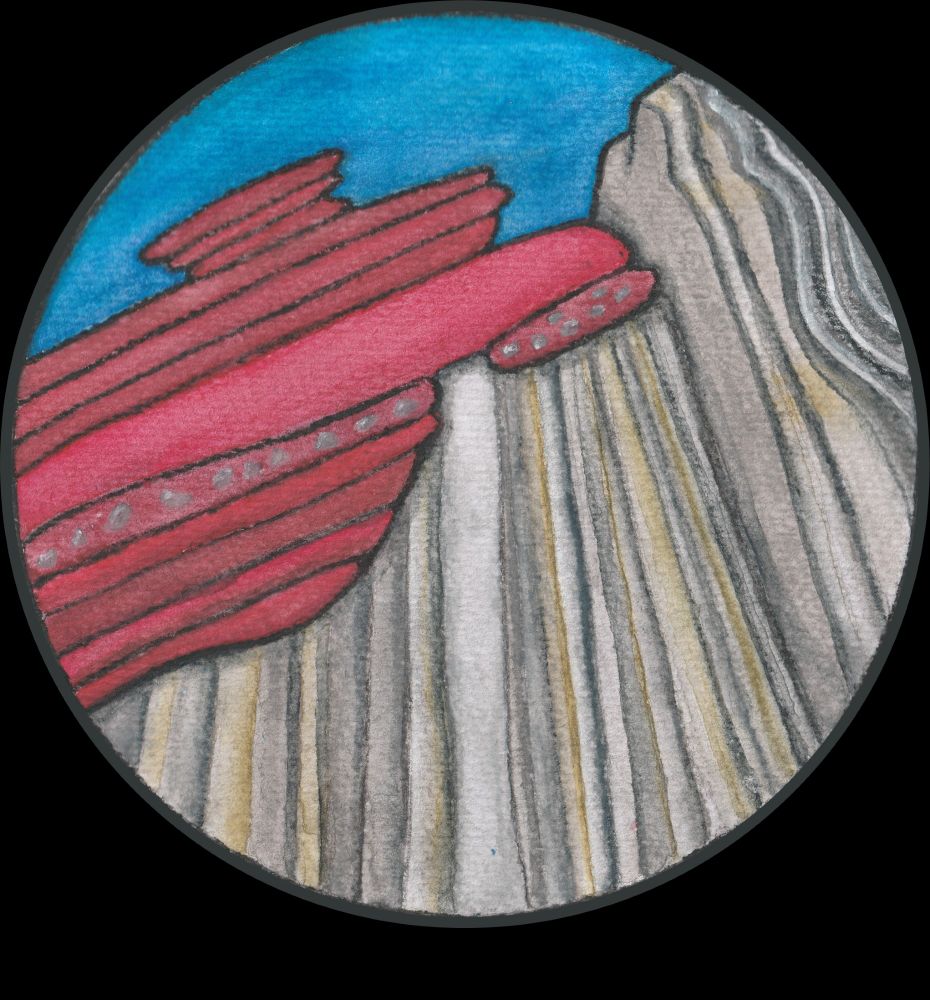 A circle motif containing simplified geological artwork. The circle is split with an approximate diagonal from top right to bottom left. The contents of the bottom right represent vertical Silurian greywacke beds, and are shades of grey and brown. The top left sector of the motif is split into a red area, representing sub-horizontal Devonian sandstones directly overlying the greywackes, with a vivid blue above representing the sea and sky (yes, we do get blue skies in Scotland 😂). Beneatht the circle, text follows the line of the circle and says "looking so far into the abyss of time".