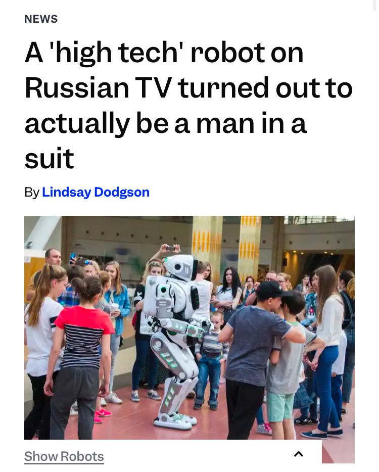 Screenshot of a news story with the headline “A 'high tech' robot on Russian TV turned out to actually be a man in a suit”
