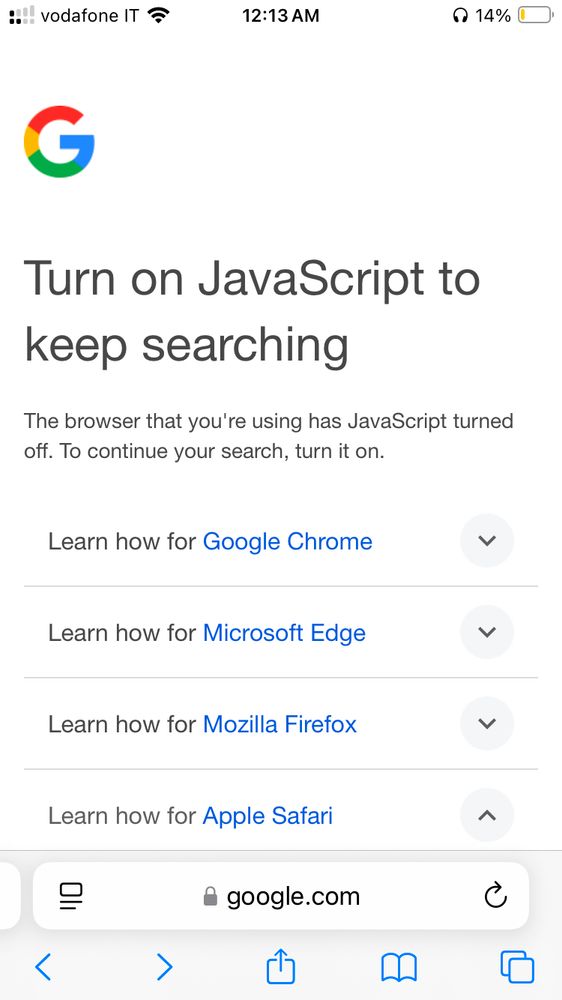 A screenshot of Google blocking access to search because JavaScript is disabled. 
