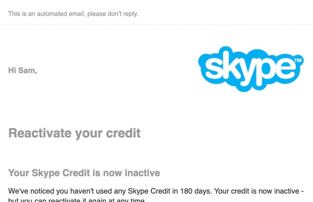 A screenshot of an email from Skype, titled "Reactivate your credit."