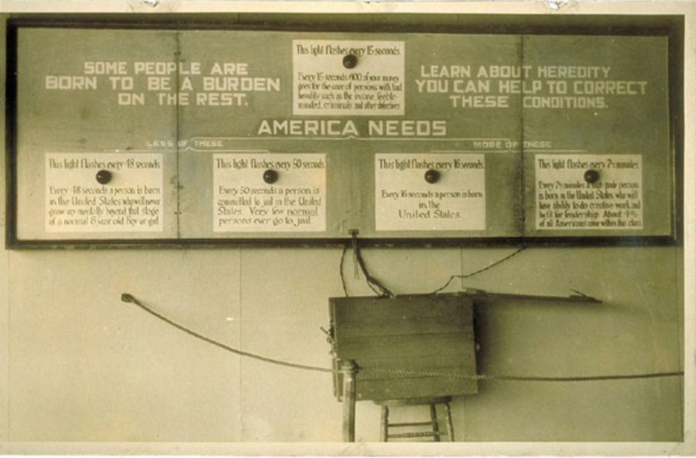 Flashing Lights exhibit at the Fitter Families contest, 1926.Some people are born to be a burden on the rest. This light flashes every 15 seconds [light bulb] Every 15 seconds $100 or your money goes for the care of persons with bad heredity such as the insane, feebleminded, criminals and other defectives. Learn about Heredity you can help to correct these conditions. America needs Less of these: This light flashes every 48 seconds [light bulb] Every 48 seconds a person is born in the United States who will never grow up mentally beyond that stage of a normal 8 year old boy or girl. This light flashes every 50 seconds [light bulb] Every 50 seconds a person is committed to jail in the United States. Very few normal persons ever go to jail. More of these: This light flashes every 16 seconds. [light bulb] Every 16 seconds, a person is born in the United States. This light flashes every 7 1/2 minutes [light bulb] Every 7 1/2 minutes a high grade person is born in the United States who will have ability to do creative work and be fit for leadership. About 4% of all Americans come within this class.