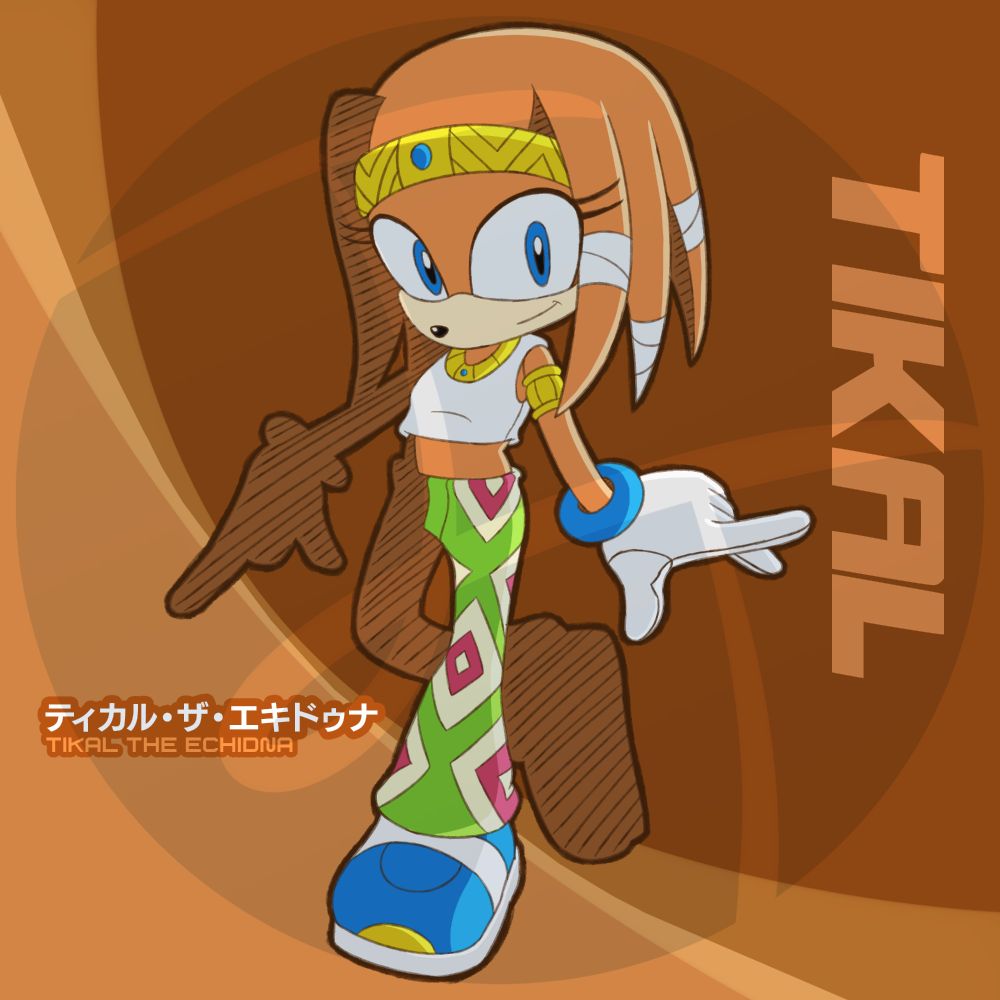 The image is a digital drawing of Tikal, a character from the game Sonic Adventure, redesigned and drawn in the style of the character artworks of the game Sonic Riders. 
Tikal's wearing an armlet, a tiara-like headband and a necklace, all in gold; gloves, a sleeveless crop top and sports tapes around her hair-like quills, all being white; green baggy pants, with a red and beige diamond pattern; and blue shoes, with a gold detail on the tip.
She's posing in a similar way as in one of the concept arts for Sonic Adventure.

A imagem é um desenho digital de Tikal, uma personagem do jogo Sonic Adventure, com um redesign e desenhada no estilo das ilustrações de personagens do jogo Sonic Riders.
Tikal está vestindo um bracelete, uma faixa semelhante a uma tiara e um colar, todos dourados; luvas, uma blusa cropped sem manga e bandagem ao redor de seus espinhos, todos brancos; uma calça verde, estampada com losangos vermelhos e beges; e um par de tênis azuis, com um detalhe dourado na ponta.
Ela esta posando de forma parecida a uma das artes de conceito de Sonic Adventure.