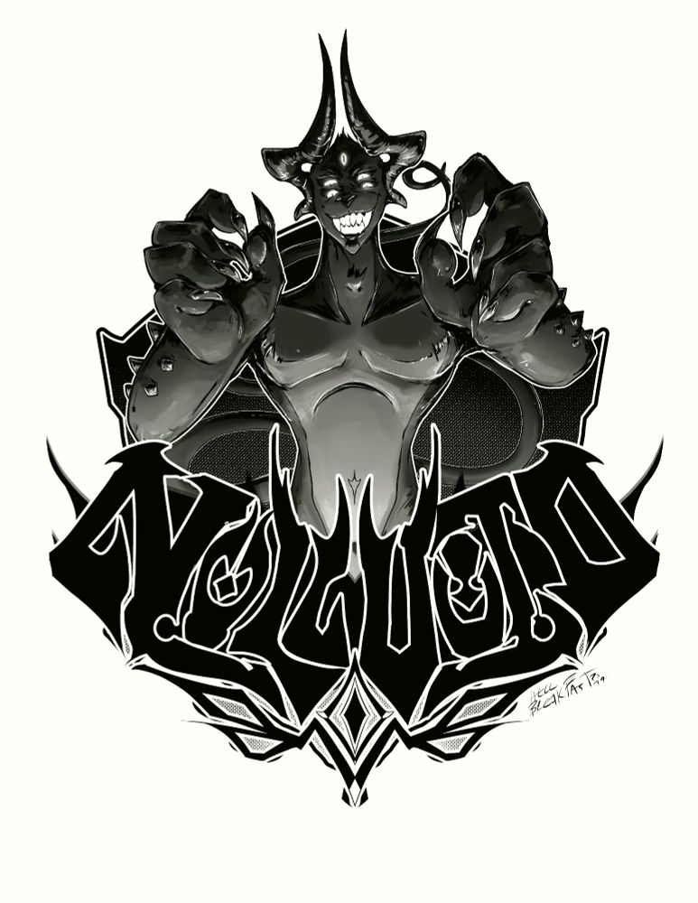 Furry badge drawn by HELLBREAKFAST. Monochrom image featuring a demonic-looking entity with swooping horns and oversized, clawed hands reaching up in a grabbing motion. He has 4 normal eyes, and a 5th in the middle of his forehead, all glowing gently while he gives a sharp-toothed grin, long cable-like tail looping behind him. Right about hip-level is a stylized nameplate, reading NULL VOID in dramatic spikes and curves. Under is a an abstract sigil that echoes the character's eye arrangement, framing the name. All is lit from underneath, intending to give a mildly menacing, if playful effect. 
