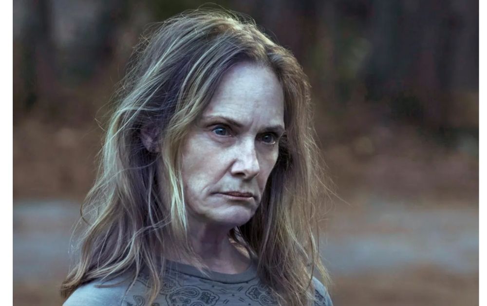 Actor Lisa Emery as Darlene Snell in Ozark.  A middle age white woman with stringy, poorly highlighted blonde hair stares menacingly at someone