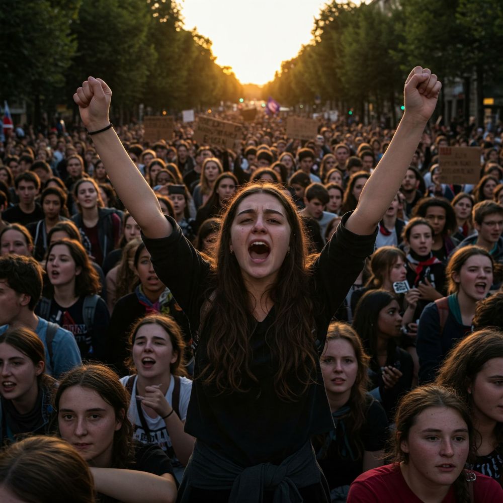 AI generated image of thousands of people marching and protesting. The focus is on a young woman yelling with her fists in the air.
