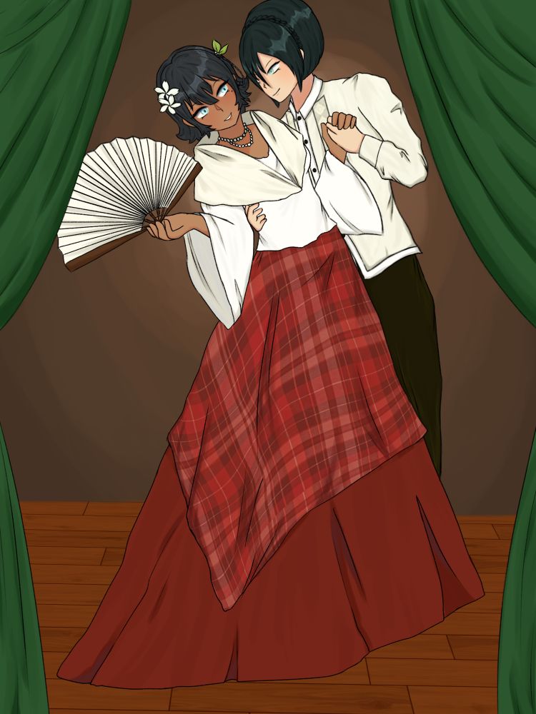 Toph Beifong from ATLA and OP’s Sona in Filipino traditional clothing, in a dance.