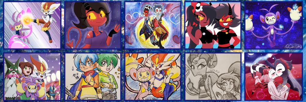 Collage of some of the digital and traditional artworks I did in 2023 and used as a current header for my socials.  I might update it sometime with my 2024 works.  

Border background is NOT made by me however, it came with the GridArt app itself.