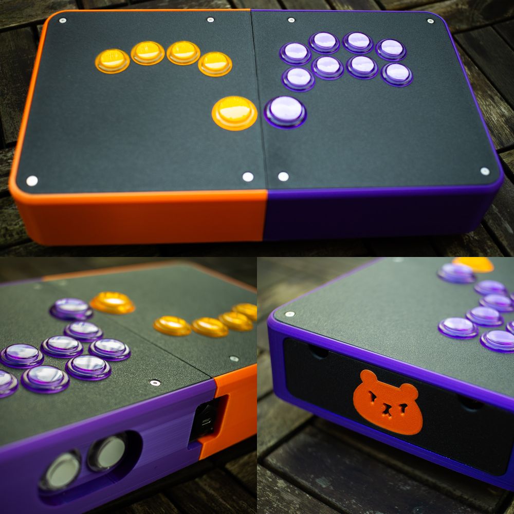 Photo of a custom leverless arcade controller with orange and purple accents