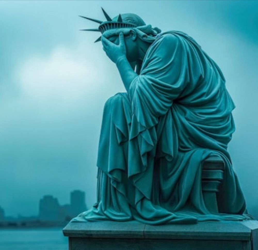 A picture of the Statue of Liberty sitting hunched over crying.