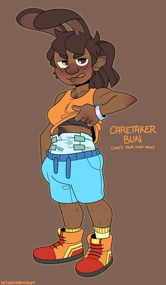 bunnygirl with brown skin and freckles looks to the viewer as she tugs up her orange tanktop to reveal the top of a blue diaper. she's wearing blue shorts and yellow/orange/red hightops.