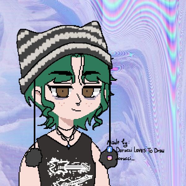 Pixel art picrew of the user. They are white with hazel eyes and green mid length wavy hair. They have a striped cat ear hat on, a necklace, and a black tank top with guitars on it. The background is a light purple abstract, reminiscent of computer screen lines. 