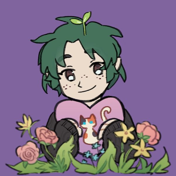 Picrew that shows the bust of a person holding a heart. This person is white with short/mid length dark green hair, brown eyes, freckles, and wearing a black sweater. They have a sprout on top of their head. The heart is light purple with a calico cat drawn on it. The background is a medium purple and there are flowers drawn in front of them. 