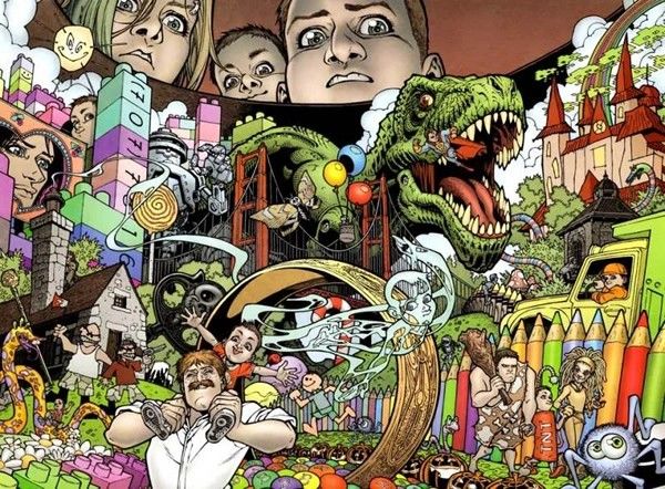 Two distressed teenagers and one smiling small boy. Look over the edge into a fantasy land of bright colors filled with castles and dinosaurs and balloons and lollipops and all manner of of childish. Wonder in the foreground a young boy rides on an adult's adult male's shoulders. It's bananas in the best way. I'm trying to avoid spoilers since the gunslinger who's post I'm responding to hasn't read this.