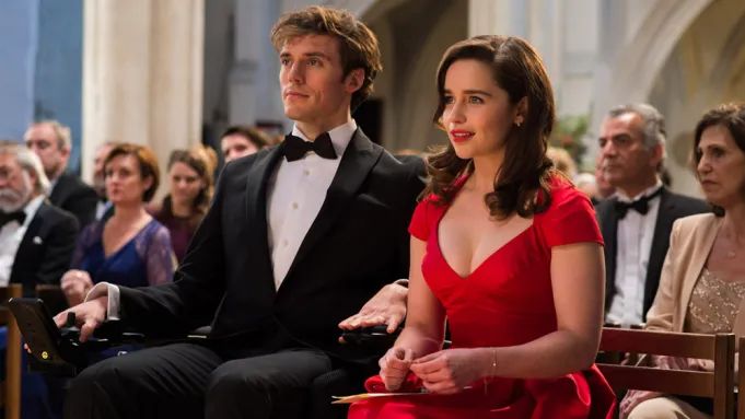 wheelchair user in tux next wo woman in red dress, clip from me before you.