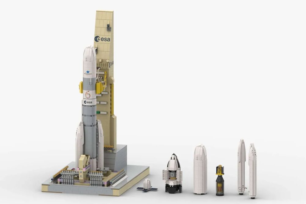 LEGO model of Ariane 6 on the launch pad with five satellite and fairing configurations laid out next to it on a white background.