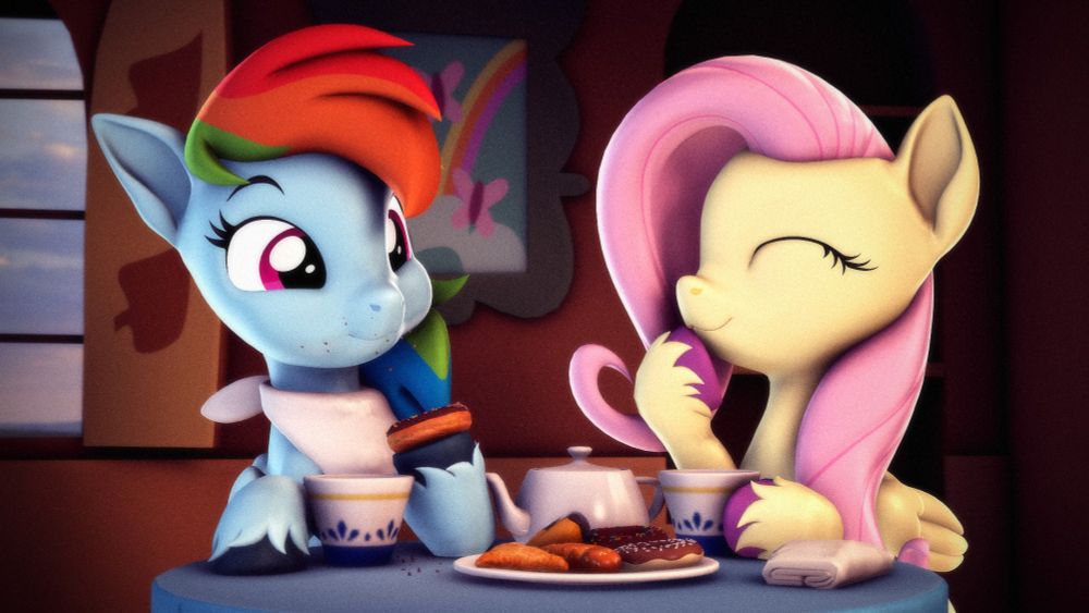 3D artwork of Rainbow Dash and Fluttershy sitting at a table with pastries and teacups. Rainbow munches on a donut, cheeks bulging while Fluttershy giggles.