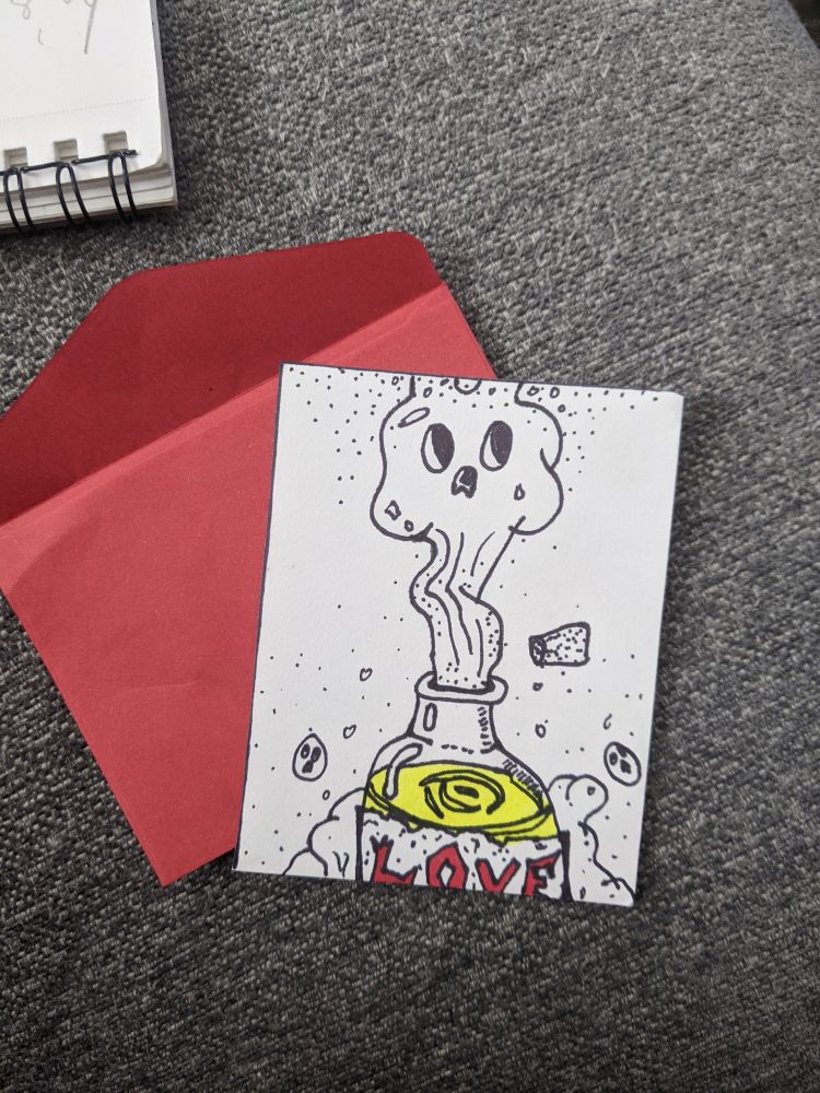 A small pen drawing of a love potion where the gas coming out of the bottle looks like a skull