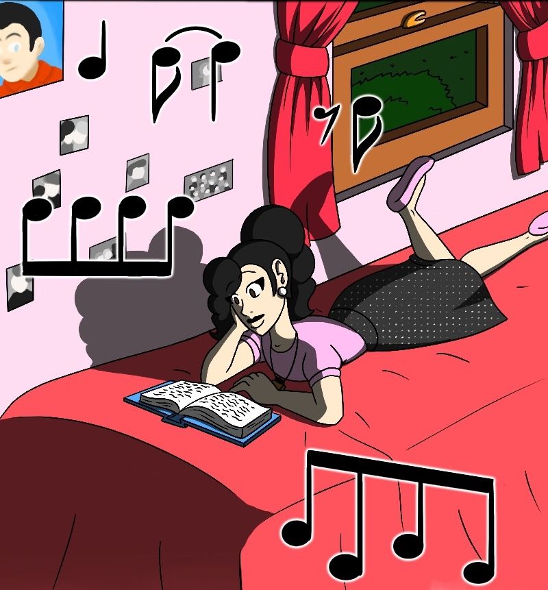 A girl reading a book on her bed while listening to music.