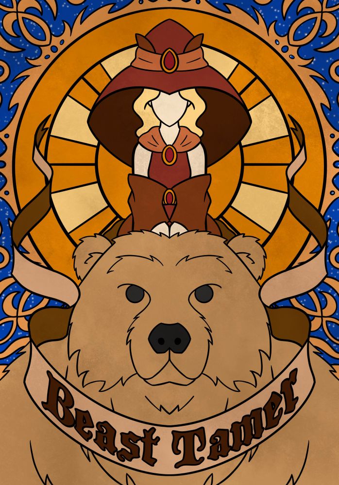 A young witch sitting on top of a bear.

-Beast Tamer-

A ferocious bear or an adorable mous, you’ll be able to tame all kinds of beasts.