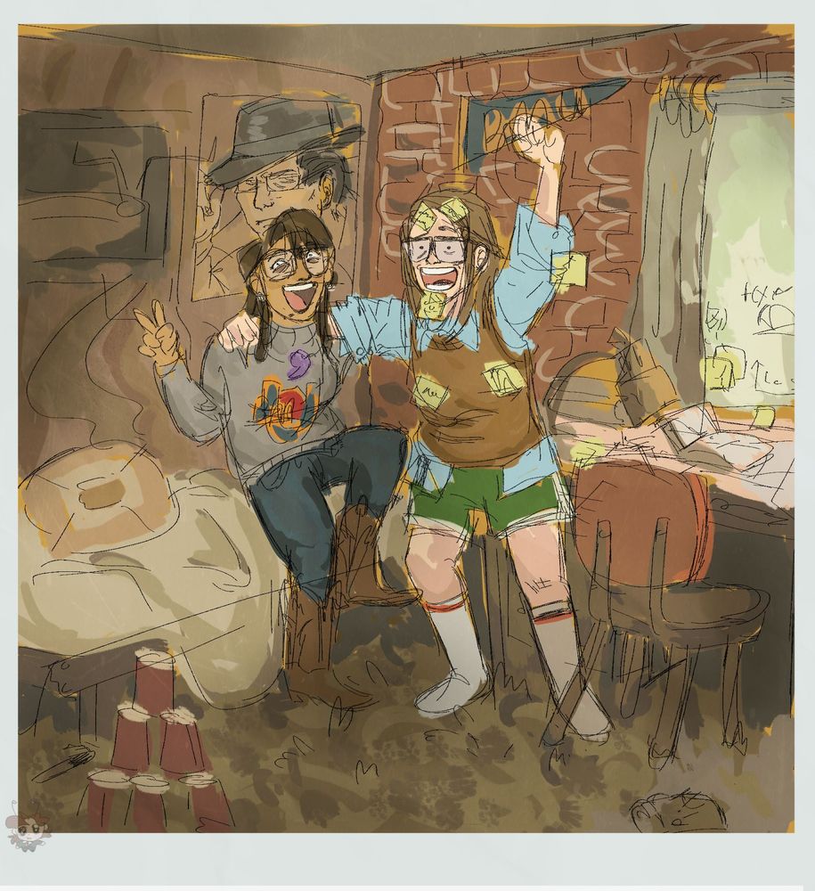 2 people standing in the middle of a messy room with sticky notes all over the walls, cans, pens and red solo cups on the floor. They are haggard looking, also covered in sticky notes and are celebrating. There is a picture of Gregory Edgeworth in the background on the wall, as well as a shelf and a flag. The desk has a red chair in front of it and the bed has an orange pillow on it. 