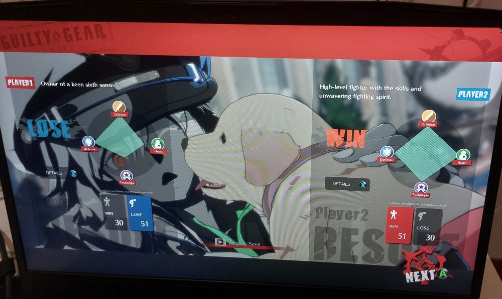 guilty gear end game screen after ramlethal wins, the score is 51-30