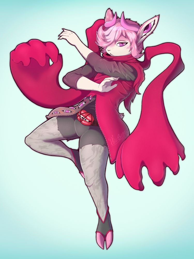 Nero is floating in the air wearing a long red robe, using magic to manipulate a long scarf of which the ends are shaped like two large hands.

Their belt is shaped like a large mouth and their clothes have multiple eyes on one side.