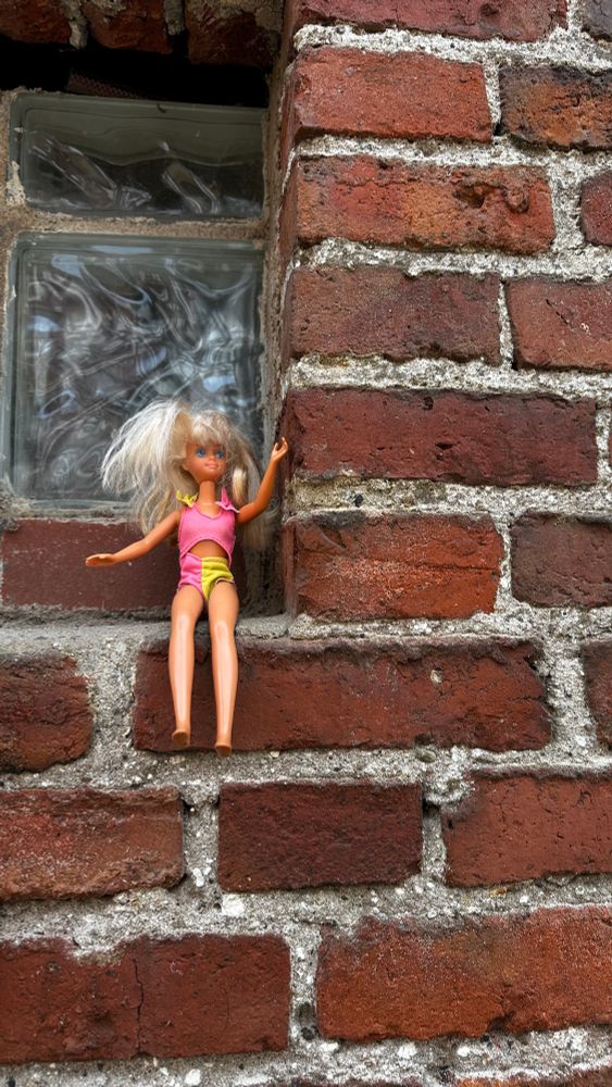 Ziegelsteine, Glasbausteine und eine Grüssende Barbiepuppe.
