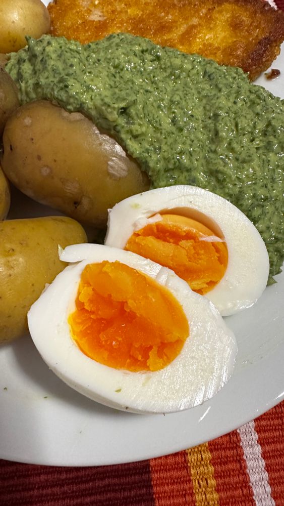 Frankfurter Grüne Soße, Kartoffeln und ein veganes schnitzel.