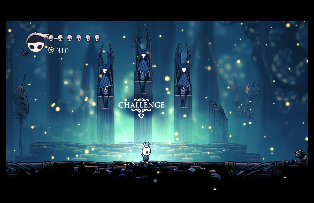 Main Character of Hollow Knight about to challenge three Mantis Bosses