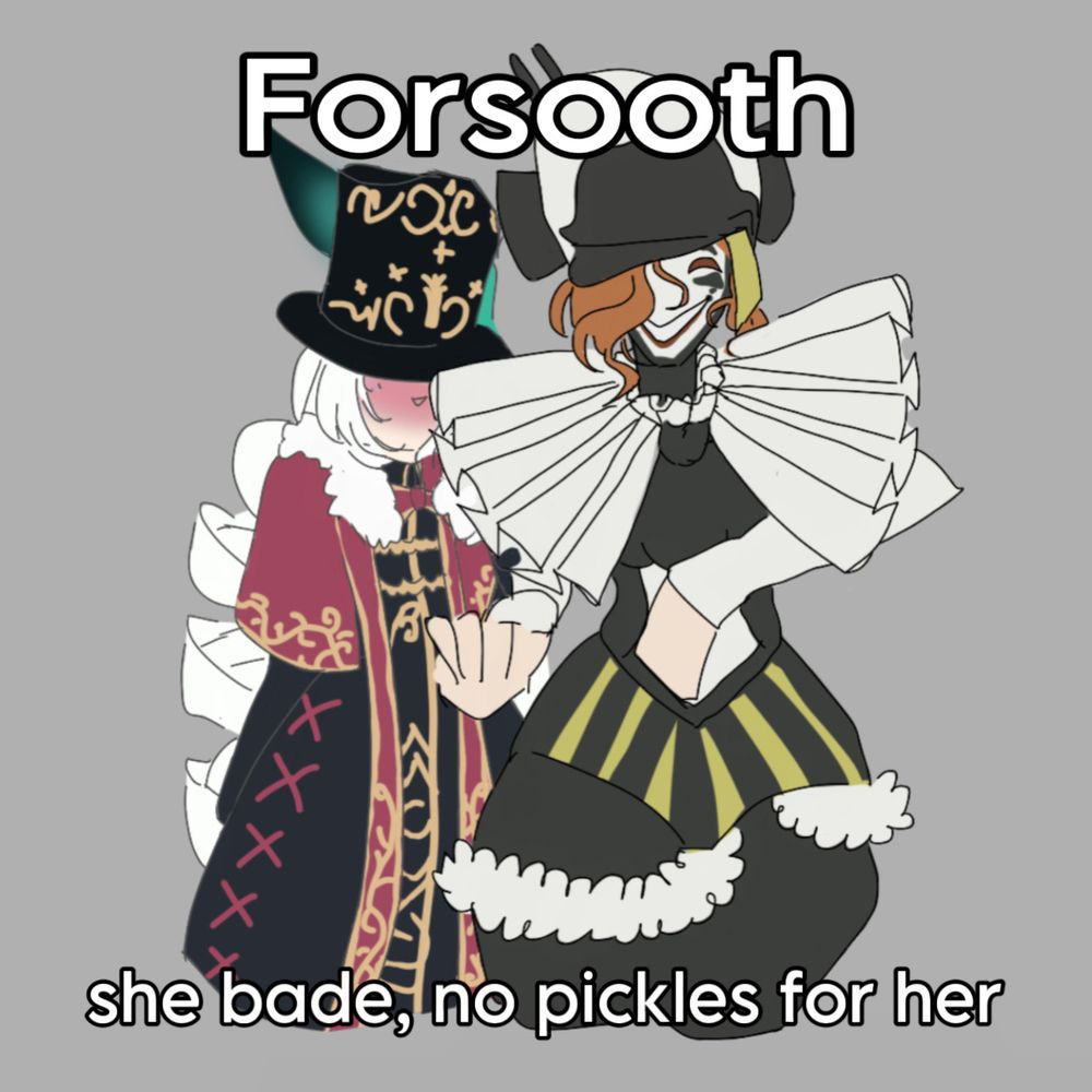 charlie hiding behind the fool from reverse1999, the fool saying "forsooth she bade, no pickle for her". digital doodle