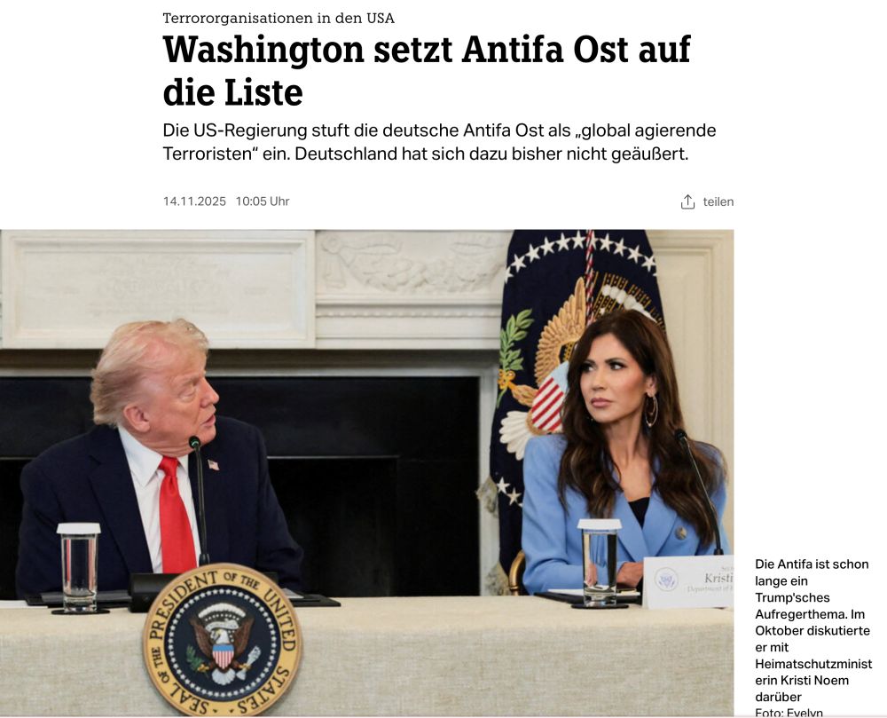 "Terrororganisationen in den USAWashington setzt Antifa Ost auf die Liste

Die US-Regierung stuft die deutsche Antifa Ost als „global agierende Terroristen“ ein. Deutschland hat sich dazu bisher nicht geäußert. "

Auf dem Bild Trump und Kristi Noem