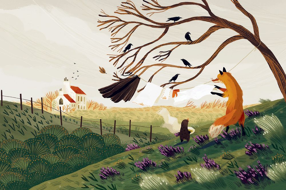 Illustration of fox and mole hanging out washing on a windy day. 
From The Slightly Spooky Tale of Fox and Mole. 