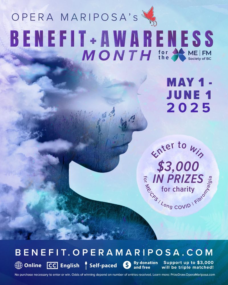 An artistic portrait in blue and purple hues shows a woman in side profile from the chest up. Her figure is partly hidden by thick, cloud-like haze, and her silhouette includes images of tall wild grass and evergreen trees. Overlaid text reads: “Opera Mariposa’s Benefit + Awareness Month for the ME | FM Society of BC.” The image also includes two butterfly logos: a red one for Opera Mariposa, and a blue, purple, and teal one for the ME | FM Society of BC.