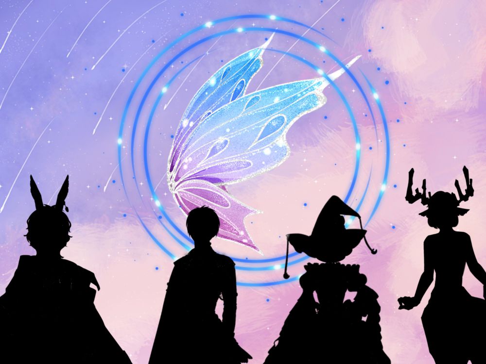 Twitch streamer vtuber silhouettes in front of a butterfly and circle Fae Conect logo on a pastel background 