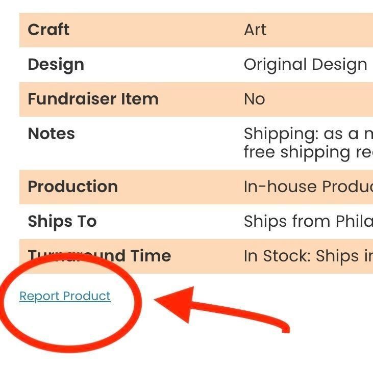 A product listing from the coop with the report button on the bottom and circled with a red circle and arrow pointing to it.