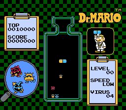 A screenshot from Dr. Mario on the Nintendo Entertainment System